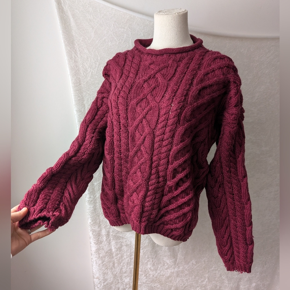 Vtg Lands End Bright Burgundy Loose Cable Knit Oversize Wool Sweater